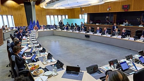 European Commission President Ursula von der Leyen and the members of the College of the EU Commission at a weekly meeting in Brussels.