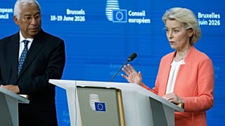uropean Commission President Ursula von der Leyen next to European Council President Antonio Costa during a press conference at the EU summit in Brussels on June 19, 20266