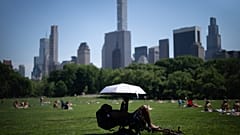 A person uses an umbrella to shield themselves from the sun during a heat advisory in Central Park