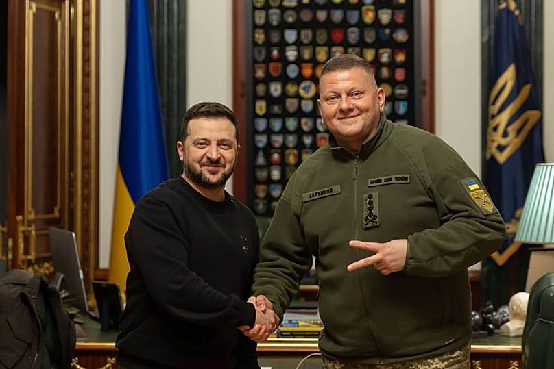 FILE:  Volodymyr Zelenskyy, left, shakes hands with Commander in Chief of Ukraine's Armed Forces Valerii Zaluzhnyi during their meeting in Kyiv, Ukraine, Feb. 8, 2024