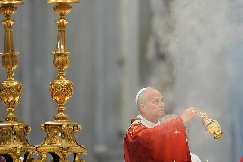 Pope Leo XIV celebrates a Mass where he confers the pallium on newly appointed metropolitan archbishops, in St. Peter's Basilica, at the Vatican, Monday, June 29, 2026.