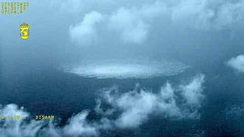 The gas leak in the Baltic Sea from Nord Stream photographed from the Swedish Coast Guard's aircraft, 27 September, 2022