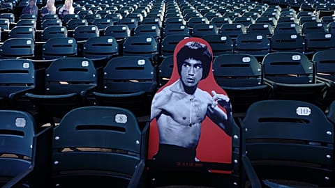 A cardboard cutout of Bruce Lee at Oracle Park before a baseball game between the San Francisco Giants and the San Diego Padres in San Francisco, 30 July, 2020
