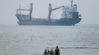 A group of people stands in shallow water as a cargo ship appears anchored in the Strait of Hormuz off Bandar Abbas, Iran, Tuesday, June 30, 2026. 