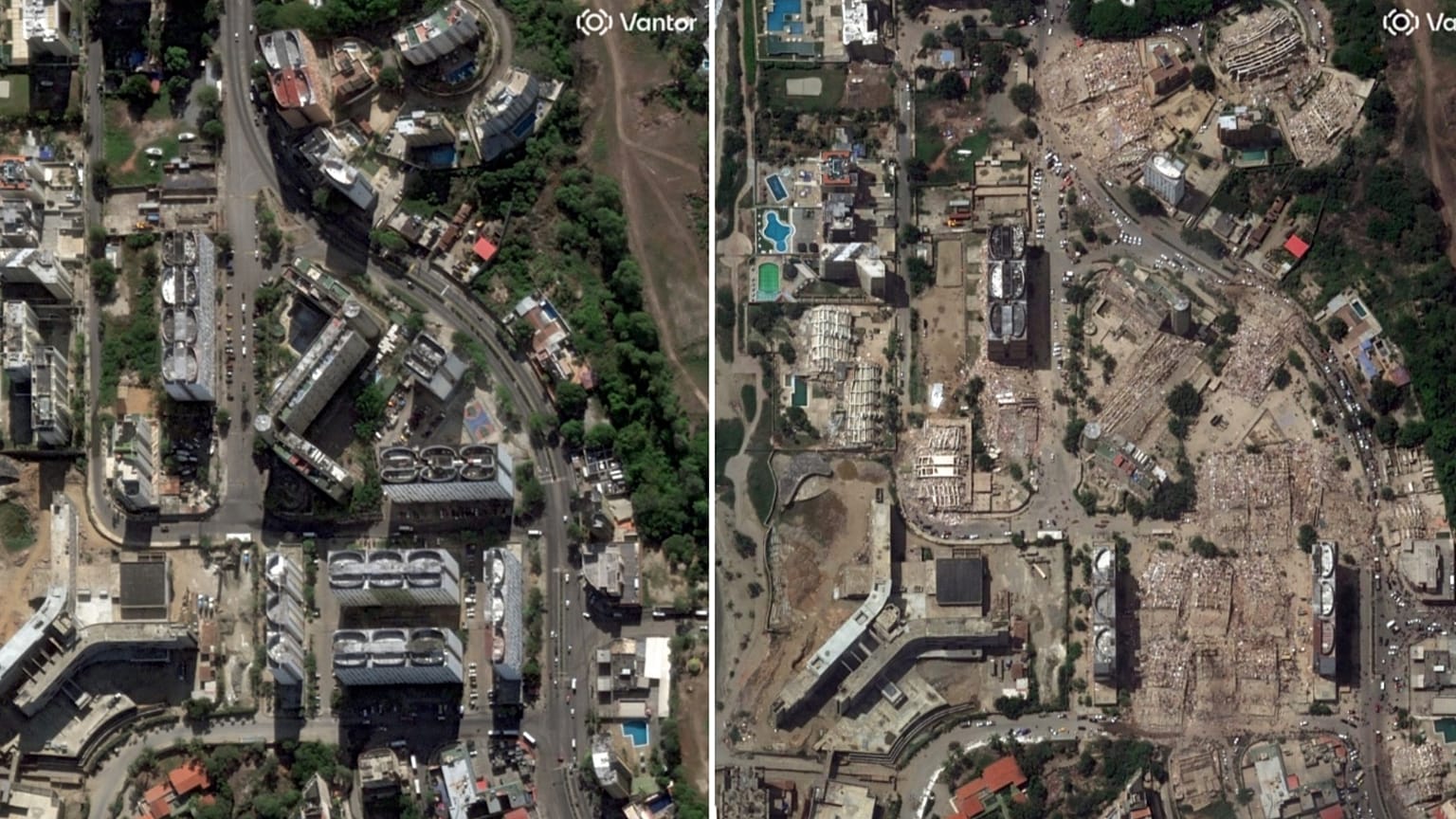 Estas imágenes satelitales proporcionadas por Vantor muestra edificios en Caraballeda, Venezuela, el 28 de diciembre de 2025 (izquierda) y el viernes 26 de junio de 2026.