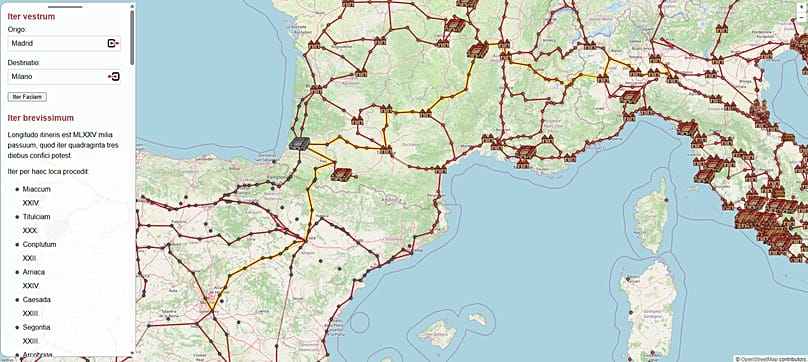 Beispiel einer Routenberechnung von Madrid nach Mailand in OmnesViae