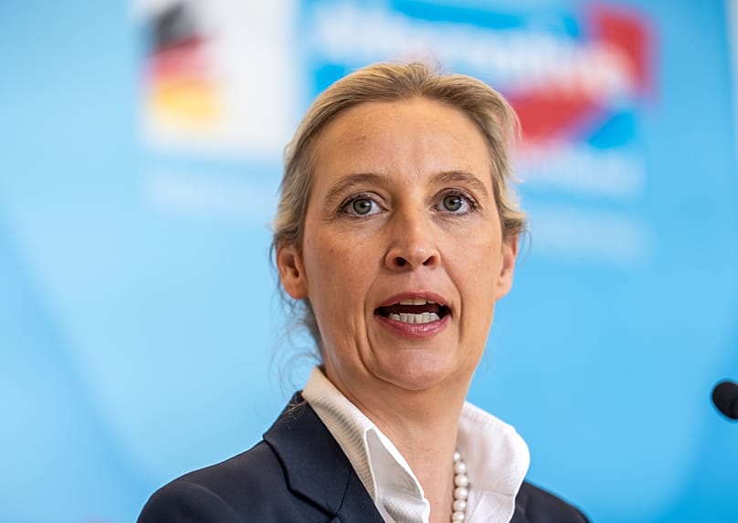 The AfD’s Alice Weidel speaks before the start of the parliamentary group meeting in the German parliament in Berlin, 21 April, 2026