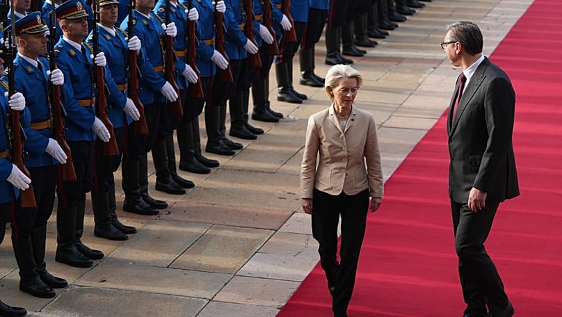 European Commission President Ursula von der Leyen walking with Serbian President Aleksandar Vučić in Belgrade, Serbia on 15 October, 2025.