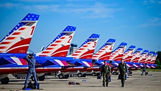 Flight crews prepare the Patrouille de France jets on the ground before take off on Tuesday, June 9, 2026 at Stewart Air National Guard Base in Newburgh, N.Y.