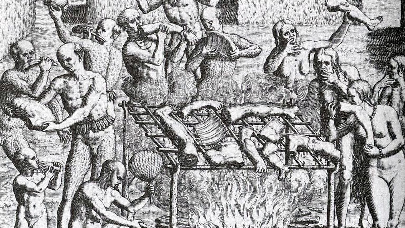 Brazil Cannibalism in Brazil in 1557 as alleged by Hans Staden. Engraving by Theodor de Bry (1528-1598), c. 1562.