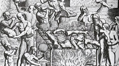 Brazil Cannibalism in Brazil in 1557 as alleged by Hans Staden. Engraving by Theodor de Bry (1528-1598), c. 1562.