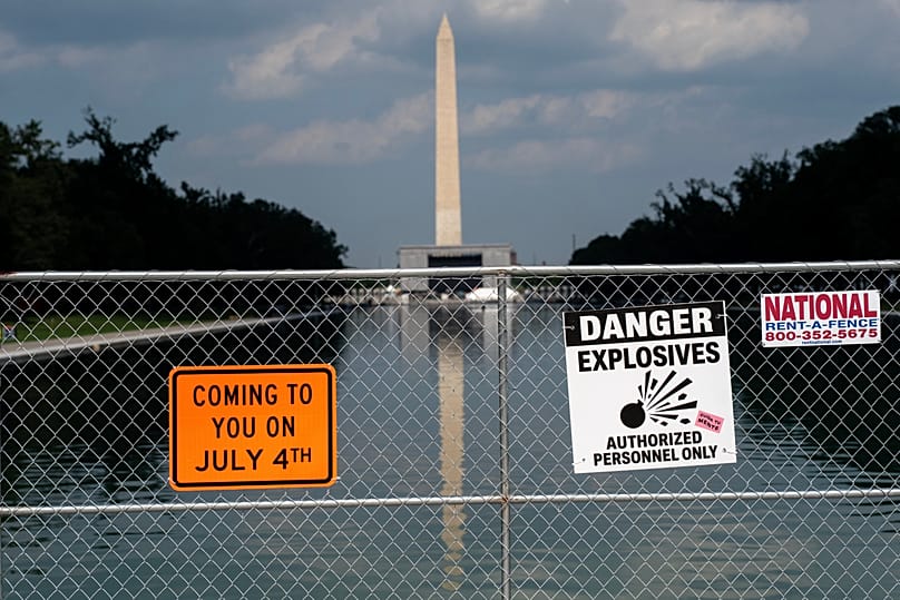 Signage and security fencing warns of explosives along the Lincoln Memorial Reflecting Pool in Washington, 1 July, 2026