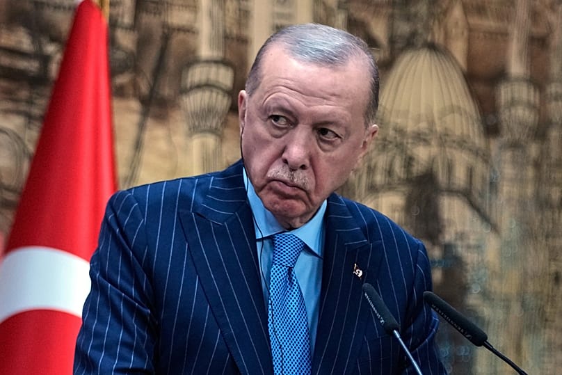 Turkey's President Recep Tayyip Erdogan listens as Somalia's President Hassan Sheikh Mohamud speaks during a joint news conference in Istanbul, Turkey, on Dec. 30, 2025. 