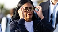 Venezuela's interim President Delcy Rodriguez gestures as she visits a temporary camp of the French Civil Security in La Guaira, Wednesday, July 1, 2026