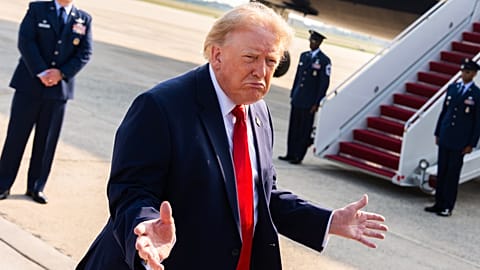 President Donald Trump speaks with reporters before boarding the new Air Force One, Wednesday, July 1, 2026, at Joint Base Andrews, Md.