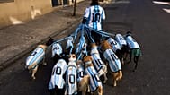 Dog walker Nahuel Meneghini walks dogs dressed in jerseys of the Argentine national soccer team in Buenos Aires, Argentina, Thursday, July 2, 2026.