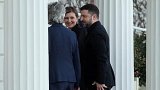 Ukrainian President Volodymyr Zelenskyy and and his wife Olena Zelenska with Irish President Catherine Connolly as they arrive in Ireland, on Tuesday Dec. 2, 2025. 