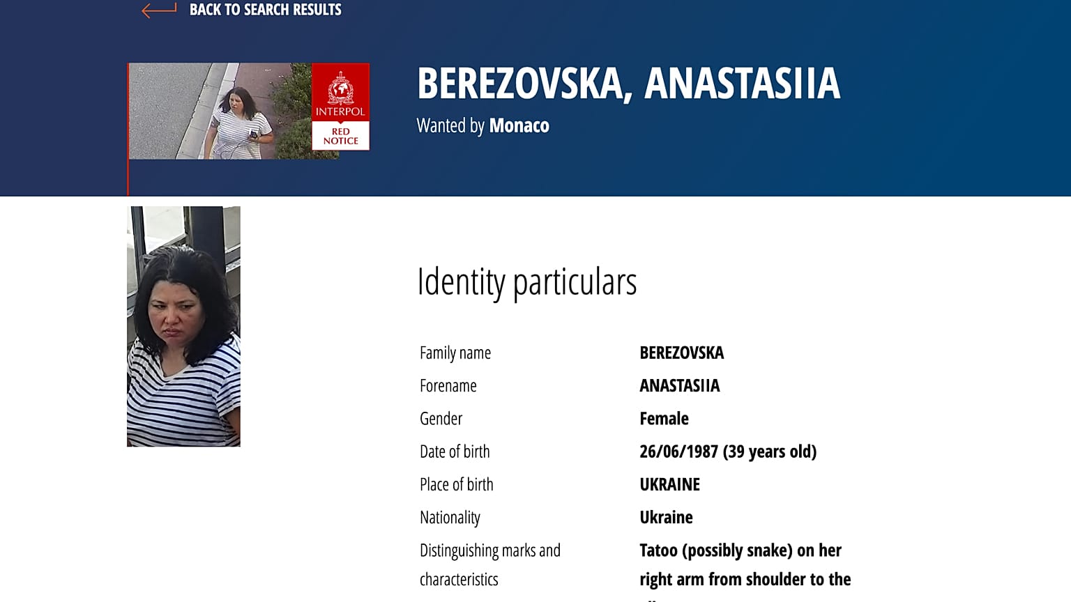 Schermata della pagina web dell’Interpol mostra la segnalazione di Anastasiia Berezovska, indagata per l’attentato di Monaco 