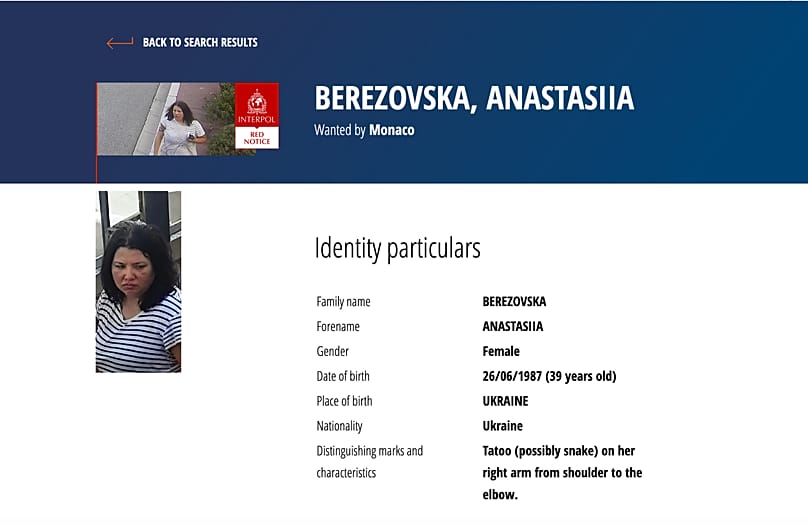 This screenshot of the Interpol webpage shows a Red Notice for Anastasiia Berezovska, 3 July, 2026