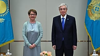 Odile Renaud-Basso with Kazakhstan's President Kassym-Jomart Tokayev at Aqorda 