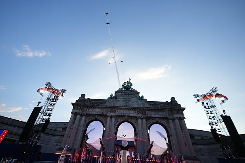 Planes perform a flyover the Cinquantenaire Arch during the America 250 event in Brussels, 28 June, 2026