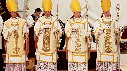 The bishops consecrated by the Society of Saint Pius X: Marc Hanappier, Michel Poinsinet de Sivry, Michael Goldade and Pascal Schreiber