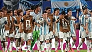 Argentina's Lionel Messi (10) and his teammates react after Cape Verde's Diney Borges (3) scored an own goal during the World Cup round of 32 soccer match in Miami Gardens.