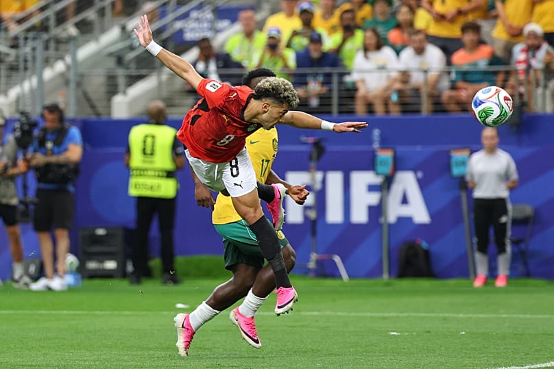 Egypt's Emam Ashour (8) scores their first goal during the World Cup round of 32 soccer match between Australia and Egypt in Arlington, Texas, near Dallas, Friday, July 3.
