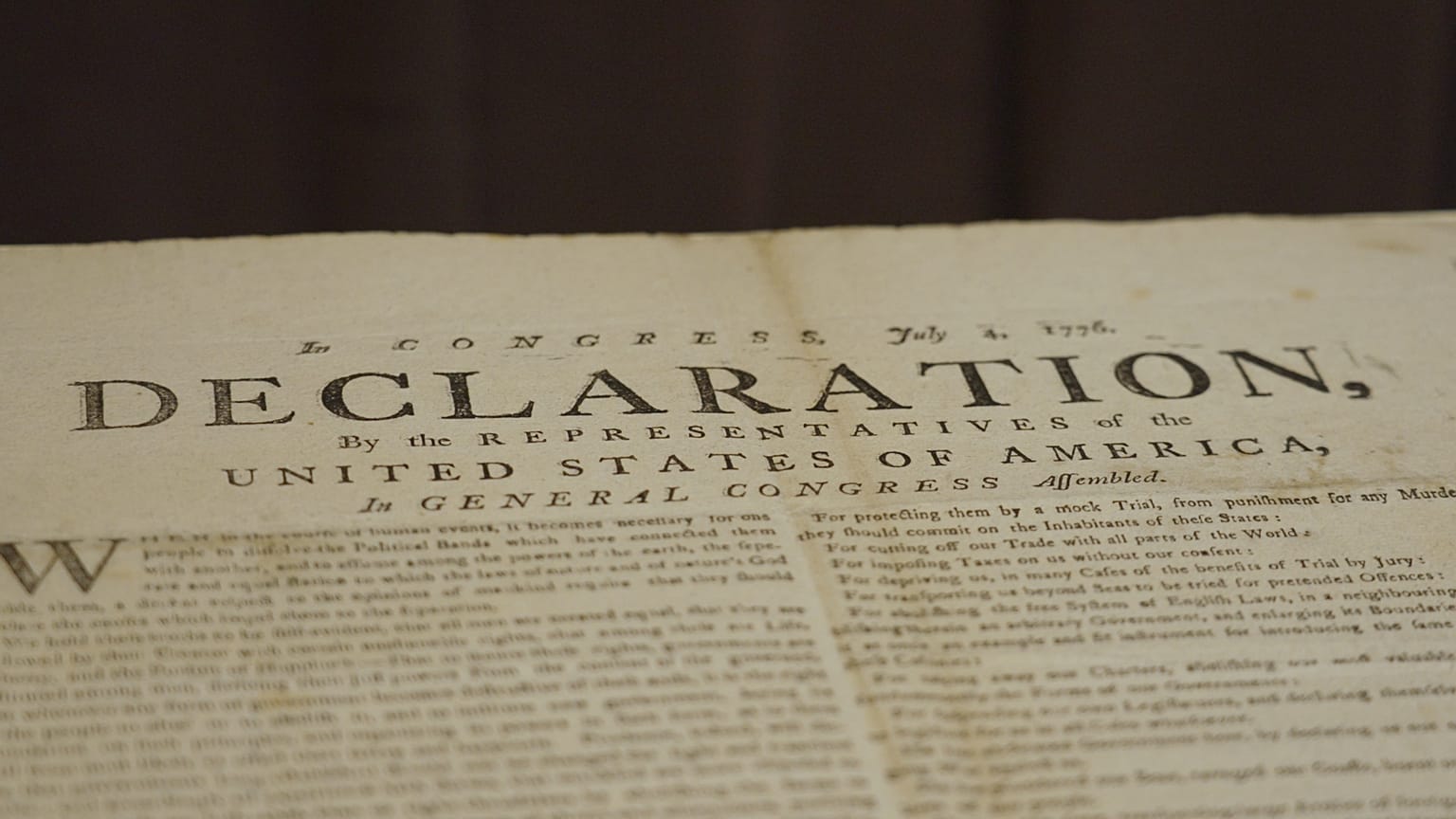 This image made from video shows a newly discovered copy of the U.S. Declaration of Independence, printed in July 1776 in Exeter, is displayed at The National Archives.