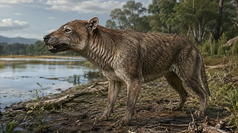 Rekonstruktion des entdeckten Bärenhunds in Katalonien, der vor 15,9 Millionen Jahren lebte