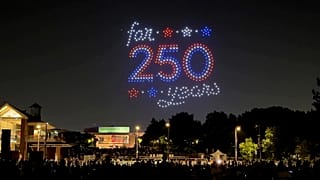 Drones light up the sky near independence hall in Philadelphia on Thursday, July 2, 2026.