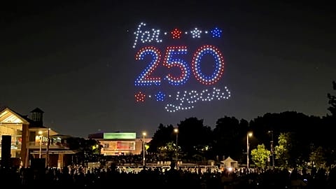 Drones light up the sky near independence hall in Philadelphia on Thursday, July 2, 2026.