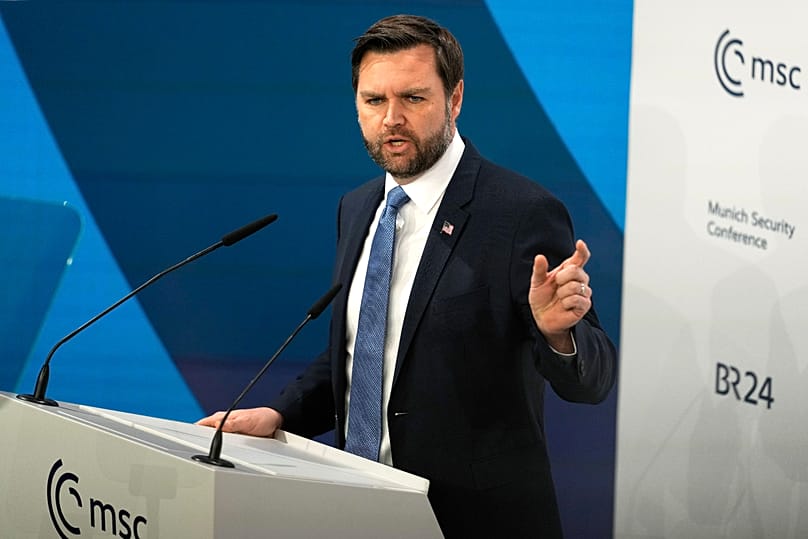 United States Vice-President JD Vance addresses the audience during the Munich Security Conference at the Bayerischer Hof Hotel in Munich, Germany, Friday, Feb. 14, 2025.