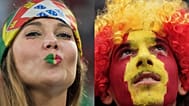 Montagem de foto com fã de Portugal e de Espanha.