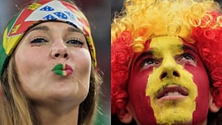 Montagem de foto com fã de Portugal e de Espanha.