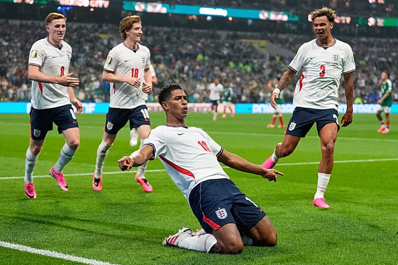 England's Jude Bellingham celebrates after scoring his second goal during the World Cup round of 16 soccer match against Mexico in Mexico City, July 5, 2026.