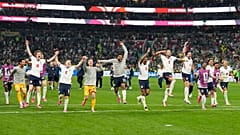 England players celebrate after their World Cup round of 16 victory over Mexico 