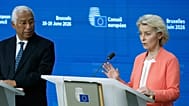Ursula von der Leyen e António Costa em conferência de imprensa na cimeira da UE em Bruxelas, 19 de junho de 2026
