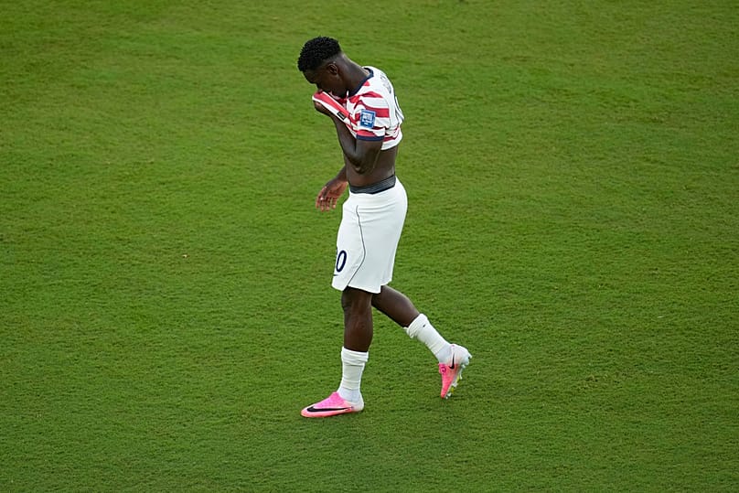 United States' Folarin Balogun (20) reacts to a red card during the World Cup round of 32 soccer match between the United States and Bosnia in Santa Clara, Calif. July 1, 2026