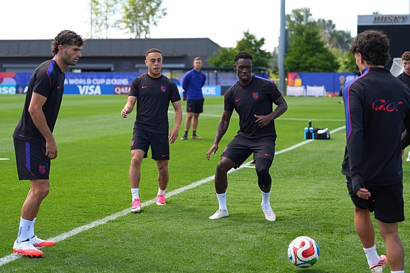 United States' Folarin Balogun, center right, and teammates attend a training session in Seattle, Sunday, July 5, 2026, ahead of a World Cup round of 16 match against Belgium