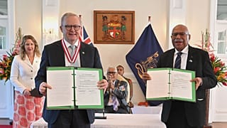 Australia's Prime Minister Anthony Albanese and Fiji's Prime Minister Sitiveni Rabuka at State House in Suva, 6 July, 2026