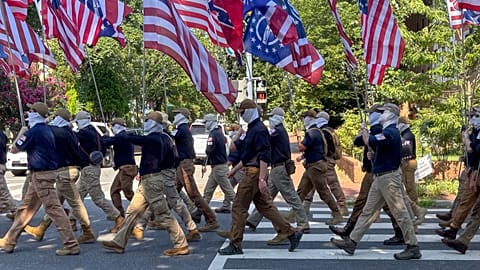 Members of the group Patriot Front wear masks as they march through Washington before Independence Day events - 4 July 2026
