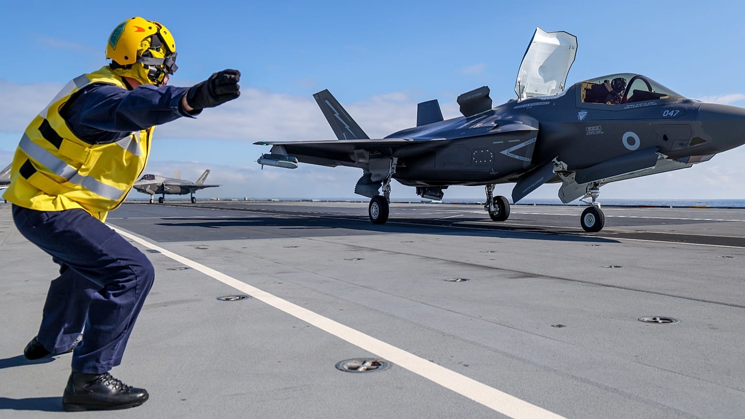 Royal Navy F-35B fighters of UK Carrier Strike Group launch from HMS Prince of Wales to intercept a Russian military aircraft, 2 July, 2026