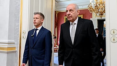 Hungary's President Tamas Sulyok, right, and Hungary's Prime Minister Péter Magyar attend the appointment ceremony of ministers of the Tisza government at the presidential Ale