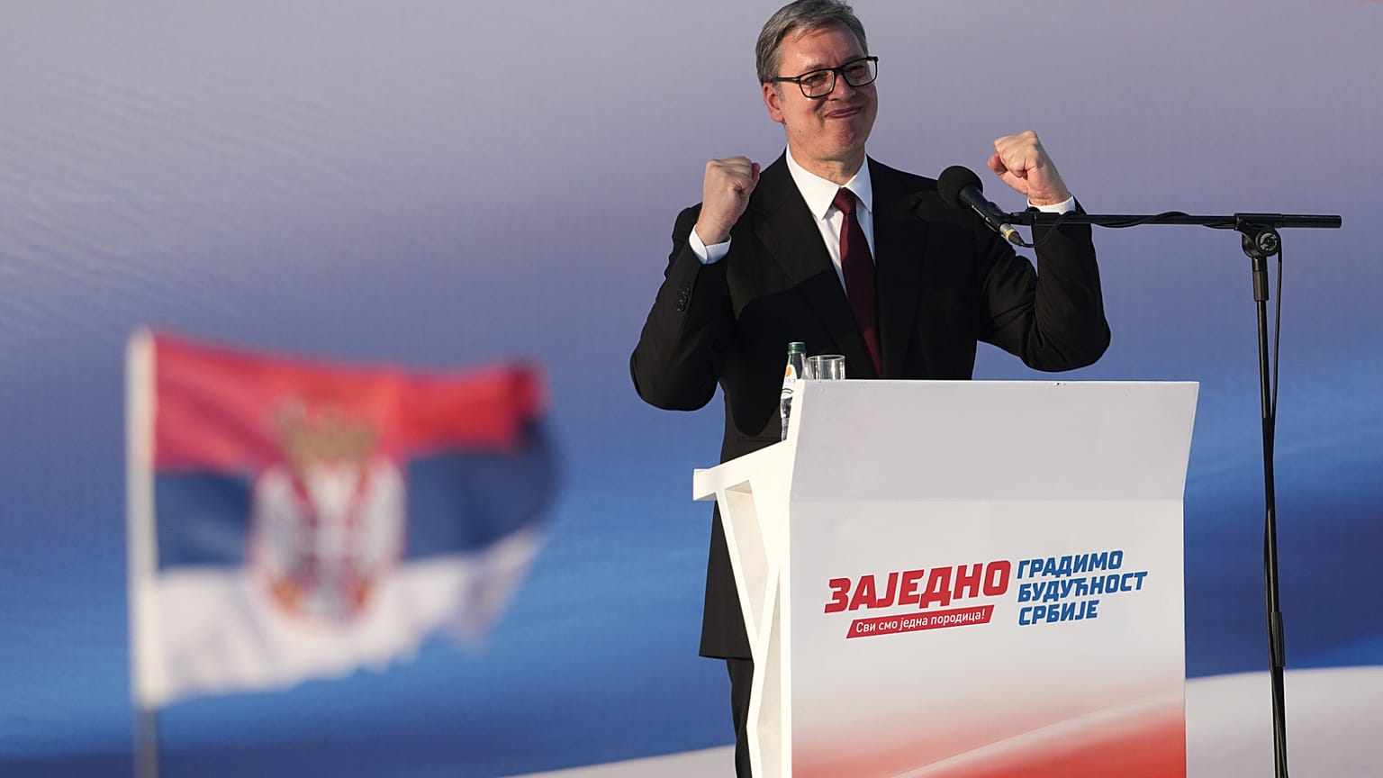 Serbian President Aleksandar Vucic addresses a rally of the ruling Serbian Progressive Party (SNS) in Belgrade, Serbia, Saturday, June 27, 2026.