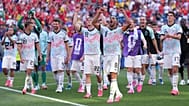 Belgium players celebrate after they won a World Cup round of 16 soccer match against the United States in Seattle, Monday, July 6, 2026.