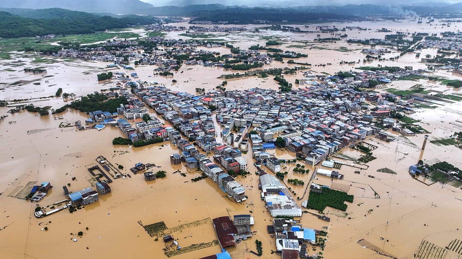 Flooded villages after the Liulan Reservoir breached due to heavy rains in Hengzhou, 6 July, 2026