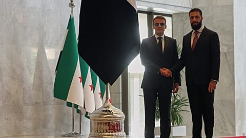 Syrian President Ahmad al-Sharaa meets French President Emmanuel Macron at the presidential palace in Damascus, 7 July, 2026