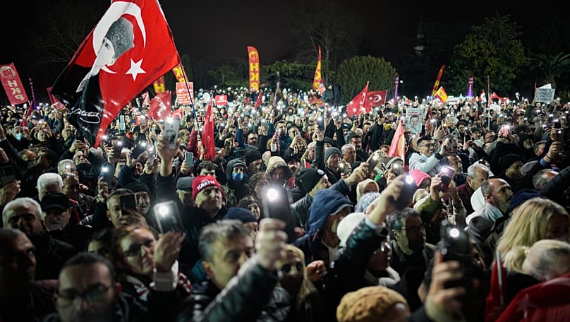 Supporters of Turkey's main opposition Republican People's Party or (CHP) listen to speeches during a rally, in Istanbul, 18 March, 2026.