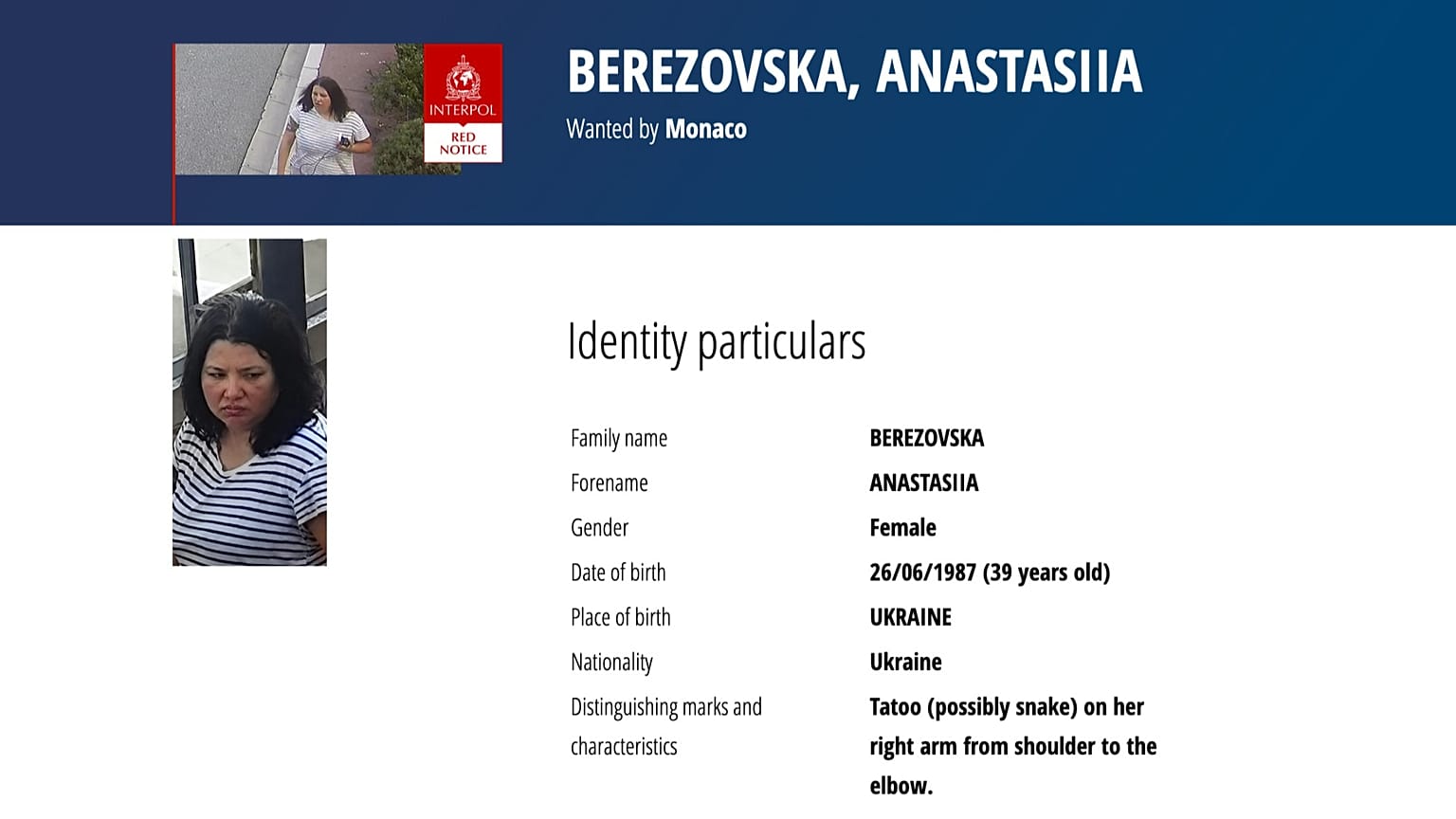 A screenshot of the Interpol webpage shows a Red Notice for Anastasiia Berezovska, a suspect in the Monaco bombing 